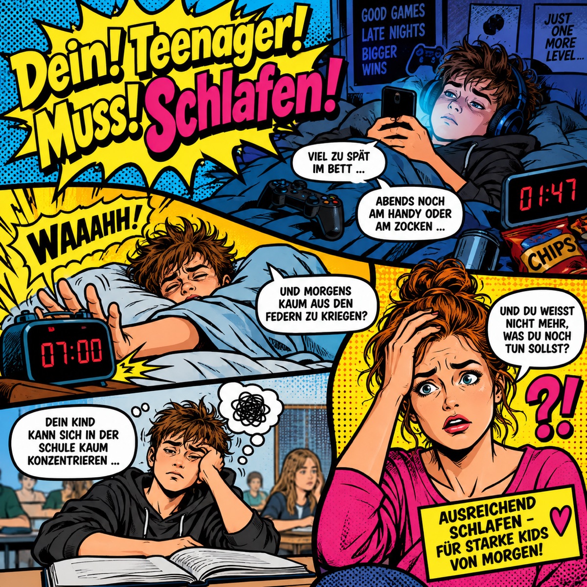 Comic: müder Teenager nachts am Handy und beim Zocken, morgens kaum aus dem Bett, unkonzentriert in der Schule – und die gestresste Mutter, die nicht mehr weiterweiß